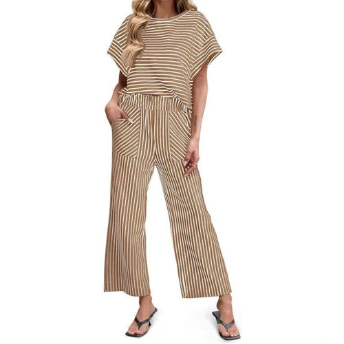 Striped Batwing Sleeve Top & Wide Leg Pants Set