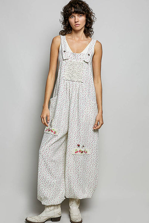 Vintage Floral Knit Contrast Pocket Jogger Overalls