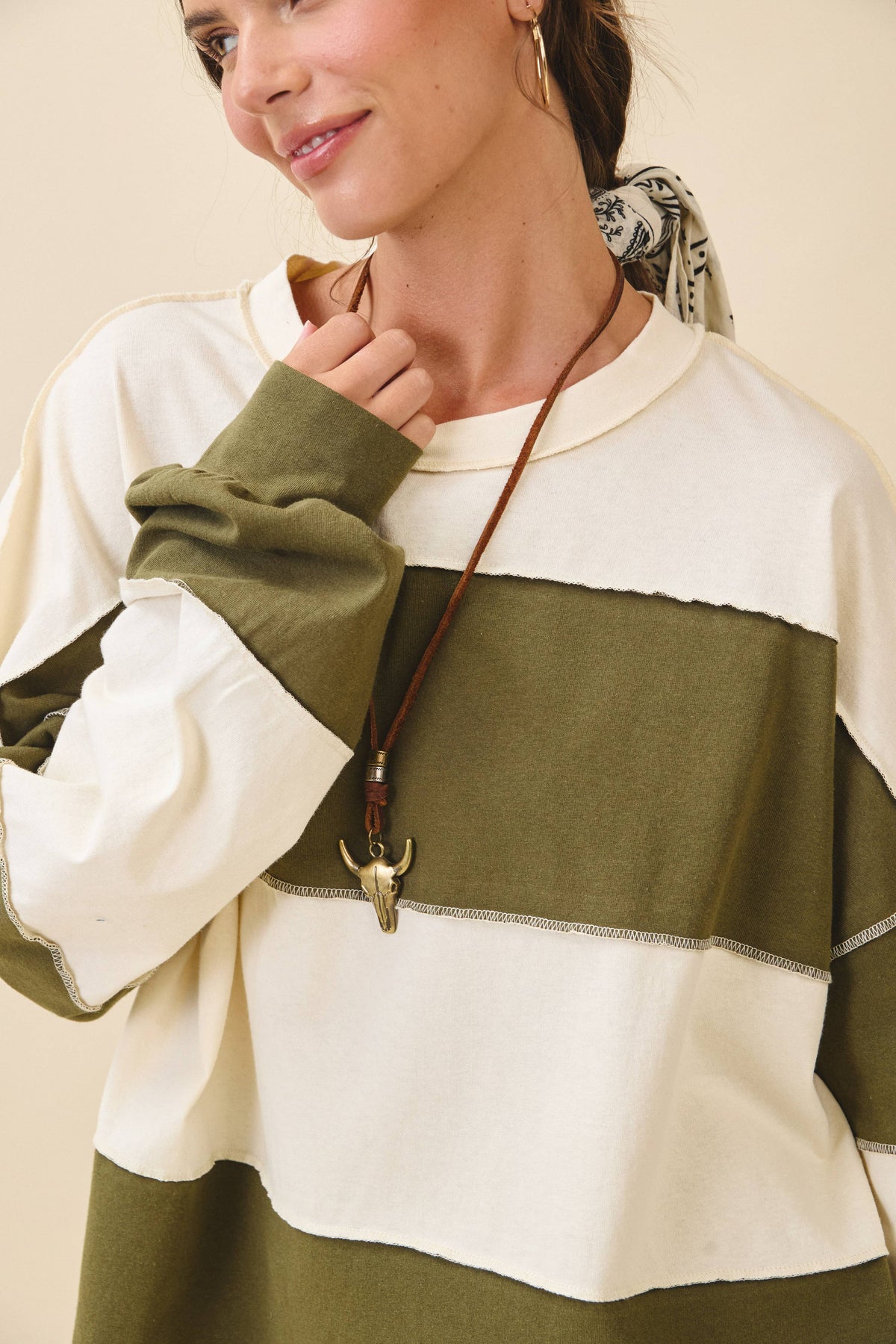 8551GN Oversized Color Block Long Sleeve Pullover