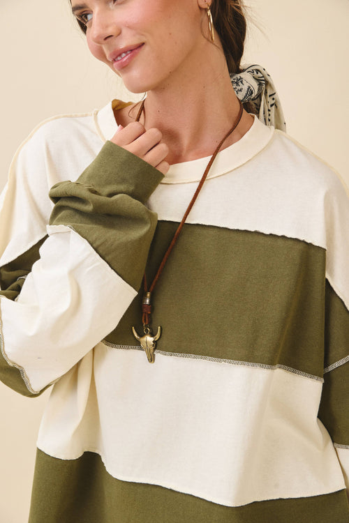 8551GN Oversized Color Block Long Sleeve Pullover