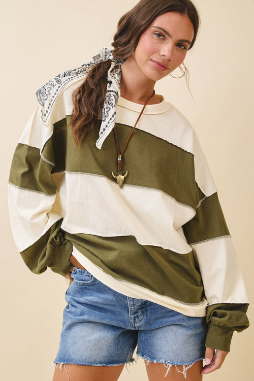 8551GN Oversized Color Block Long Sleeve Pullover