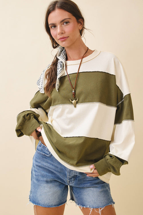 8551GN Oversized Color Block Long Sleeve Pullover