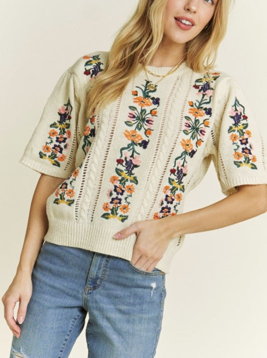 Annabelle Cream Floral Short Sleeve Sweater