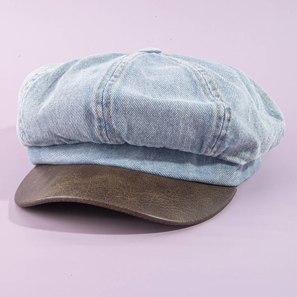 Denim Newsboy Cabbie Cap With Contrast Brim