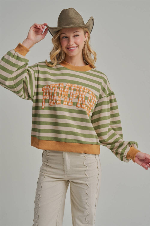 STRIPE TERRY CASUAL THANKSGIVING TOP WITH PUMPKIN LETTERING