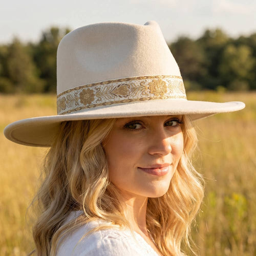 Wide Brim Felt Fedora With Gold Brocade Band