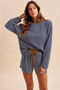 Loose Fit Striped Dolman Sleeve Knit Top Mini Shorts Set