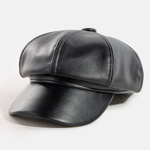 Paneled Vegan Leather Newsboy Cabbie Hat