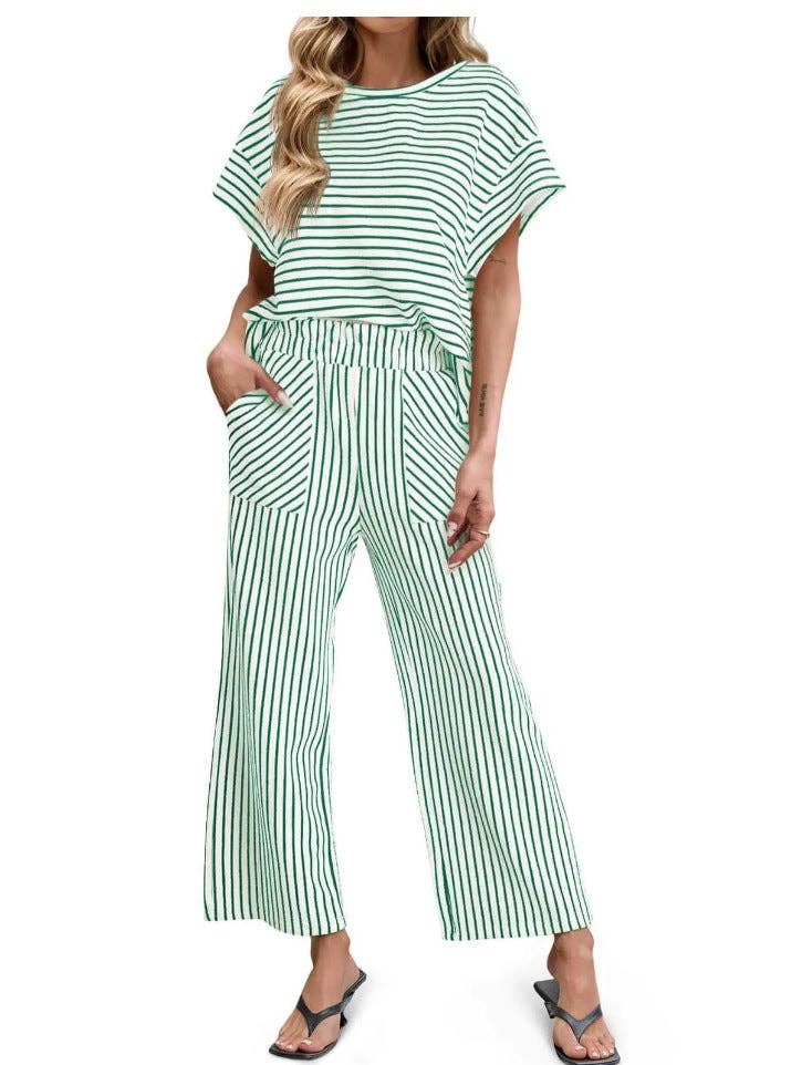Striped Batwing Sleeve Top & Wide Leg Pants Set