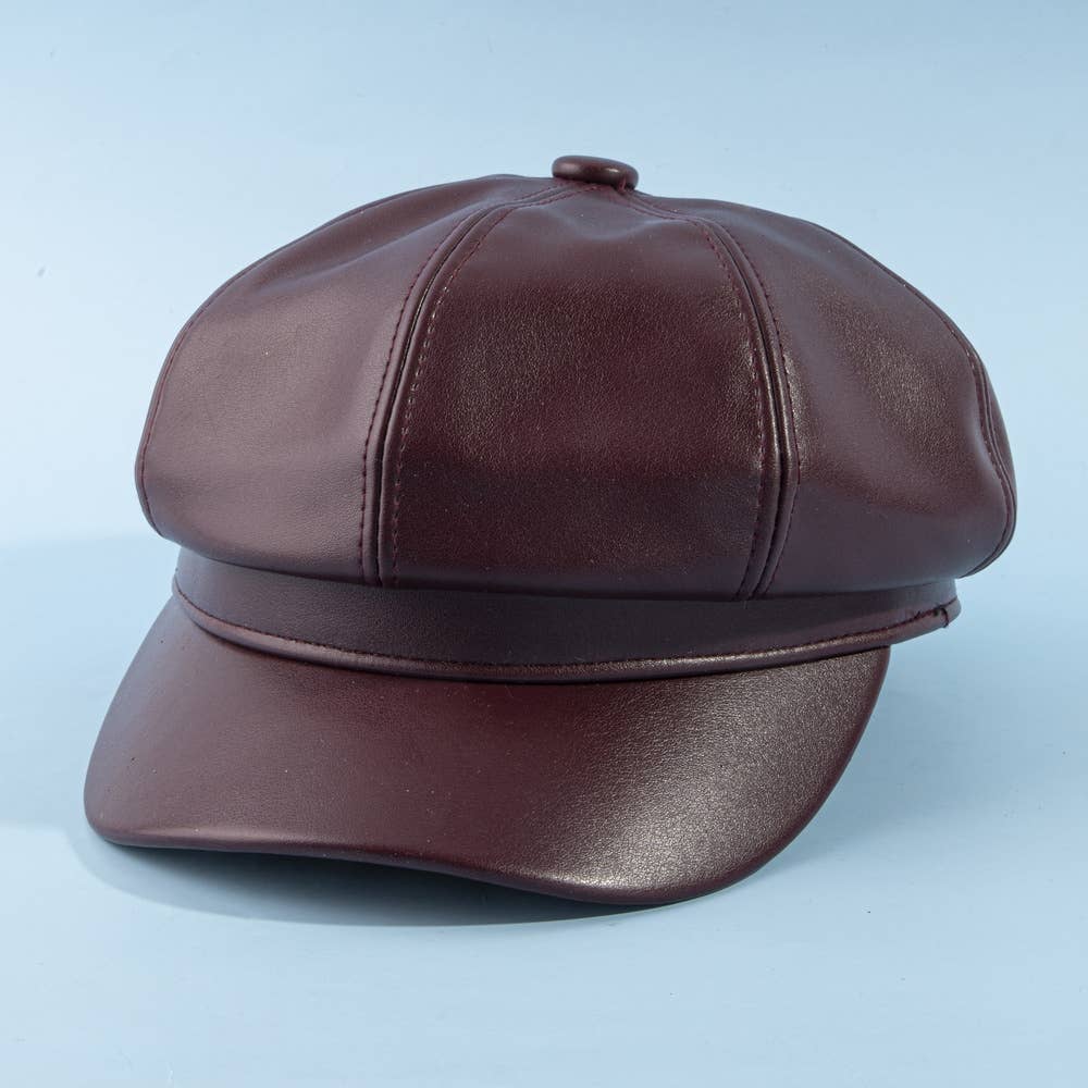 Paneled Vegan Leather Newsboy Cabbie Hat