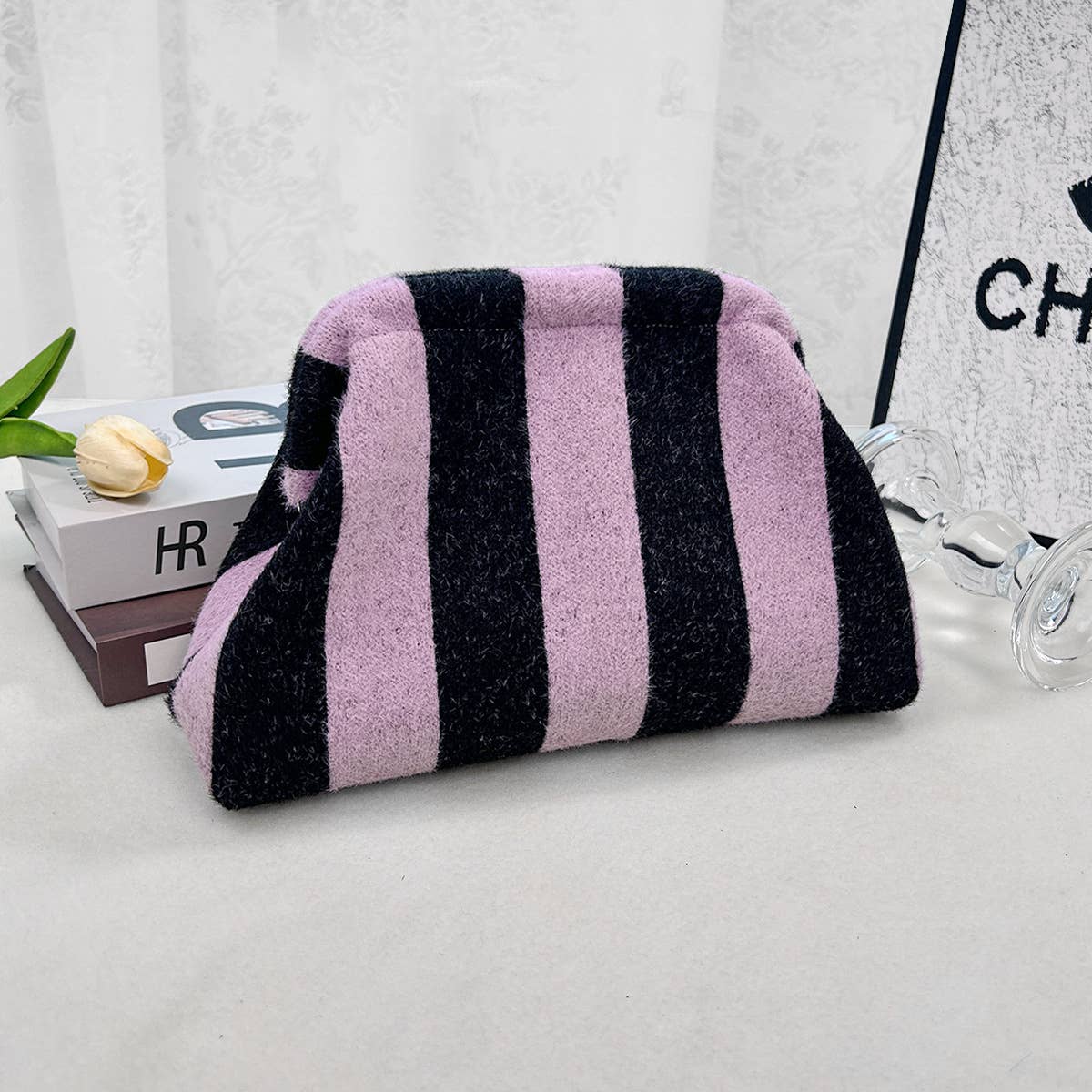 Compact Urban Chic Stripe Design Clutch Bag Makeup Pouch