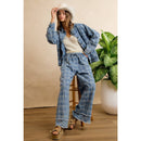FRAYED DETAIL PLAID WIDE LEG JEANS WITH DUAL POCKETS
