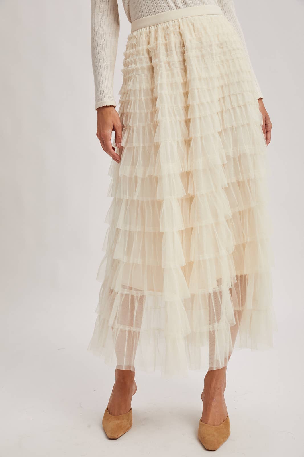 RUFFLED TULLE MIDI SKIRT
