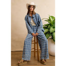 FRAYED DETAIL PLAID WIDE LEG JEANS WITH DUAL POCKETS