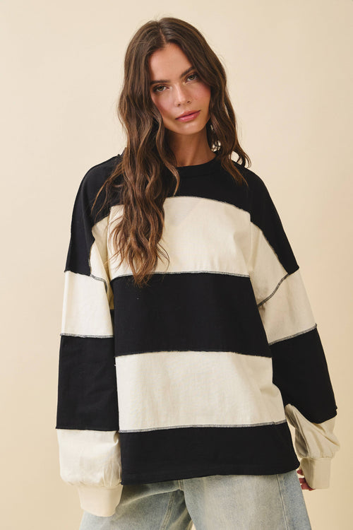 8551GN Oversized Color Block Long Sleeve Pullover