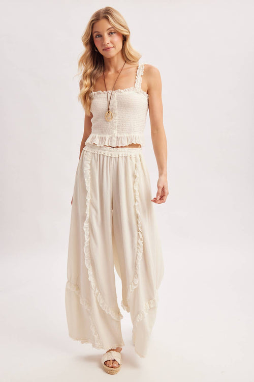 BOHO EYELET LACE RUFFLE TRIMMED WIDE PANTS