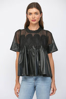 LACE OVERLAY FAUX LEATHER BABYDOLL TOP FT24196