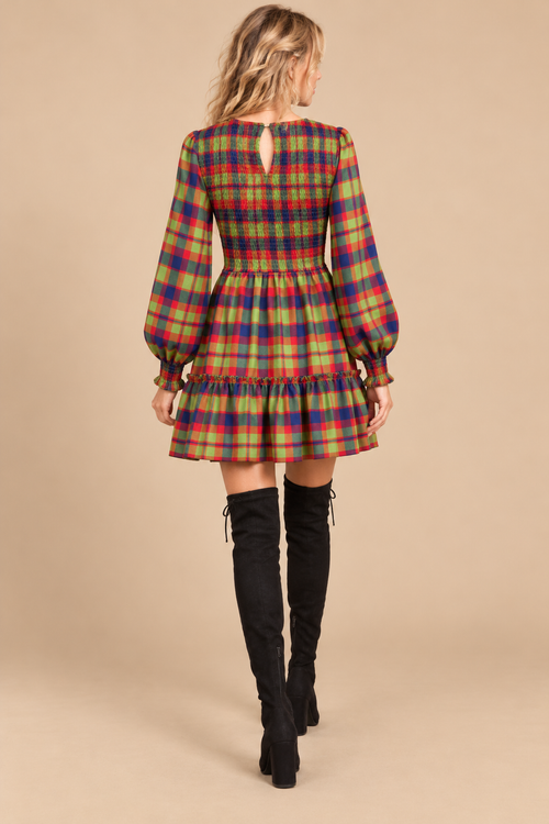 Colorful Plaid Smocked Mini Dress