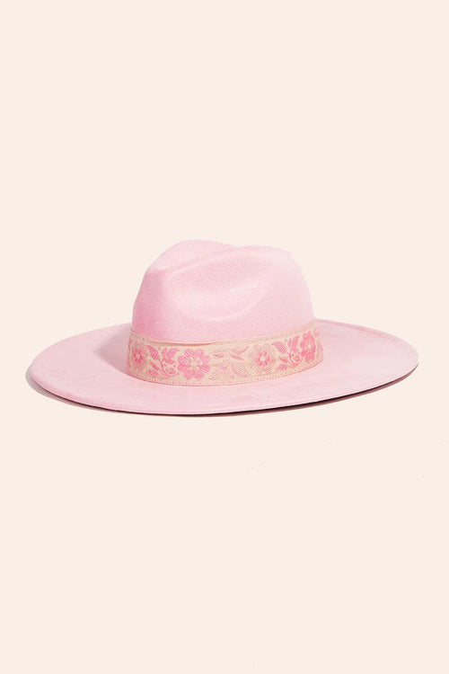 Wide Brim Felt Hat With Floral Ribbon Band