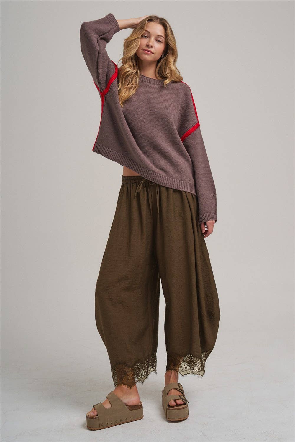 Lace Trim Balloon Leg Pants