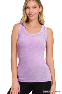 Washed Ribbed Scoop Neck Tank Top - Zenana
