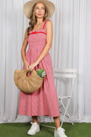 Gingham Velvet Trim Strap 100% Cotton Midi Dress VD83286