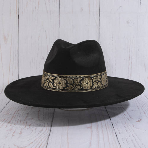 Wide Brim Felt Hat With Floral Ribbon Band
