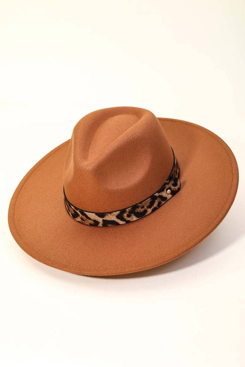 Leopard Strap Flat Brim Fedora Hat
