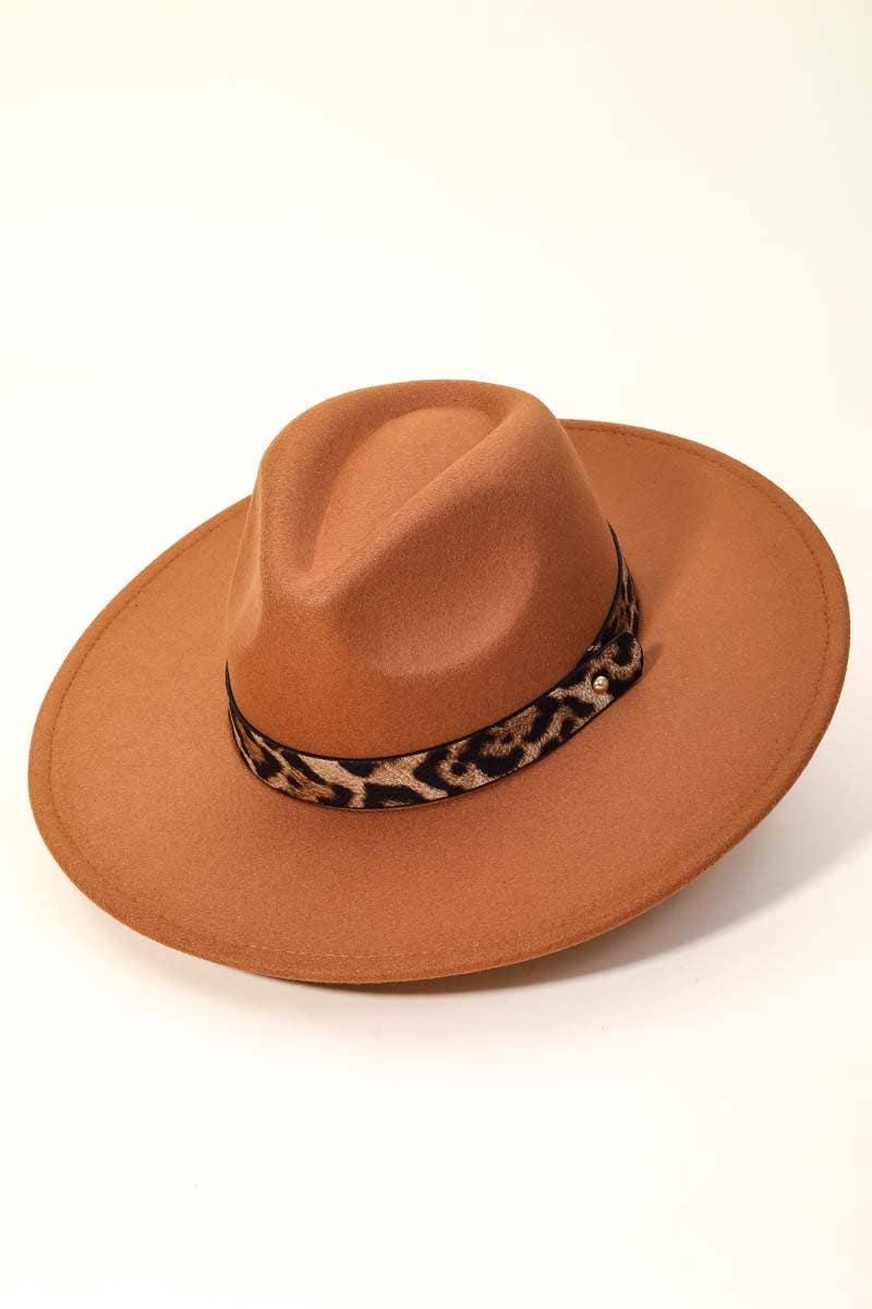 Leopard Strap Flat Brim Fedora Hat