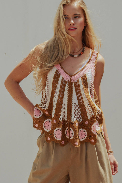 Floral Motif Open-Knit Crochet Tank