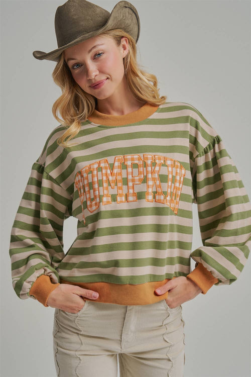 STRIPE TERRY CASUAL THANKSGIVING TOP WITH PUMPKIN LETTERING