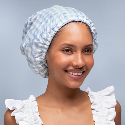 Satin Lined Flexi Shower Cap - Gingham Blue
