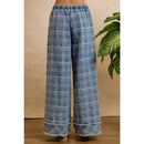 FRAYED DETAIL PLAID WIDE LEG JEANS WITH DUAL POCKETS