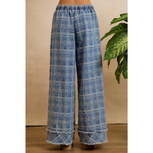 FRAYED DETAIL PLAID WIDE LEG JEANS WITH DUAL POCKETS