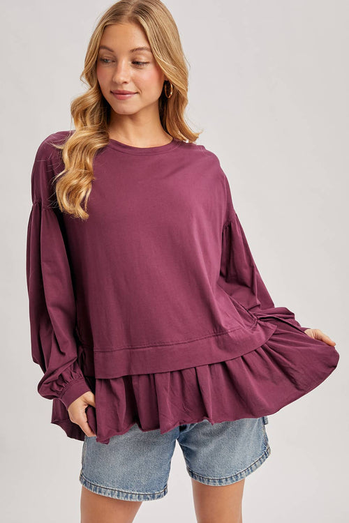 RUFFLED PEPLUM HEM OVERSIZED KNIT TOP