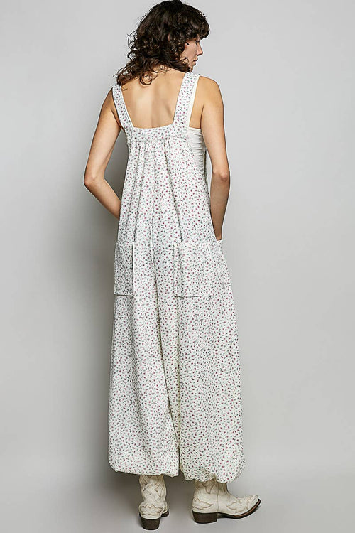 Vintage Floral Knit Contrast Pocket Jogger Overalls