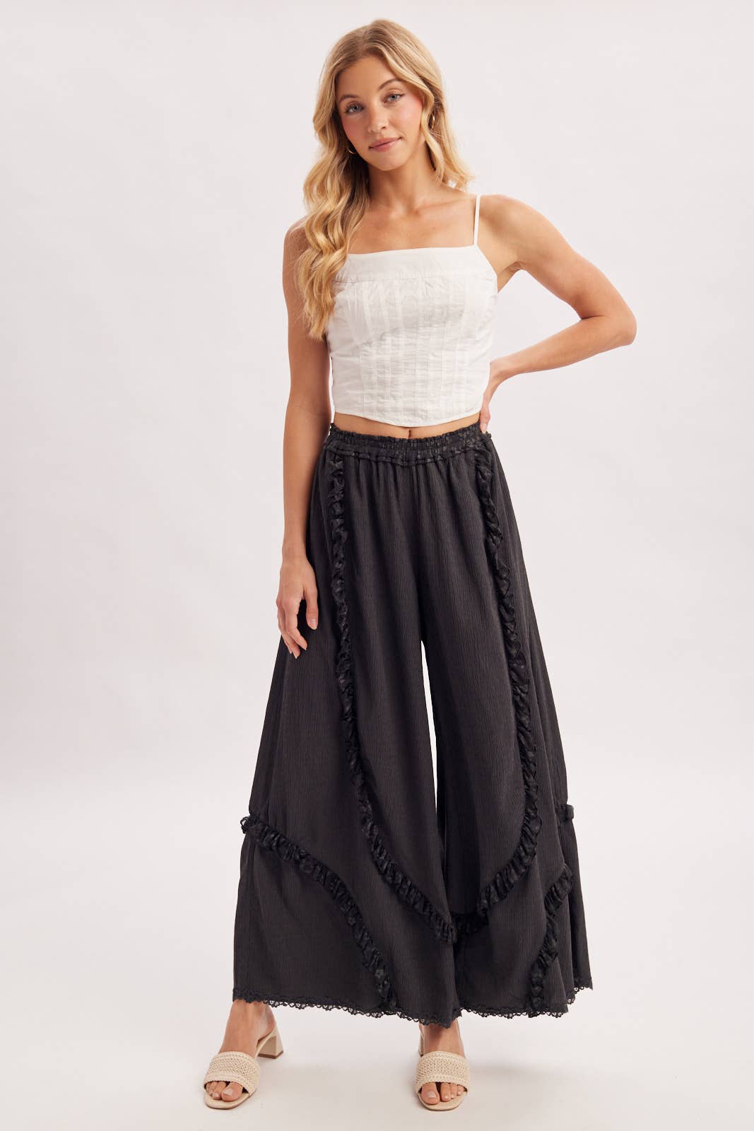 BOHO EYELET LACE RUFFLE TRIMMED WIDE PANTS
