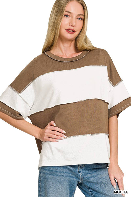 French Terry Color Block Exposed Seam Top - Zenana