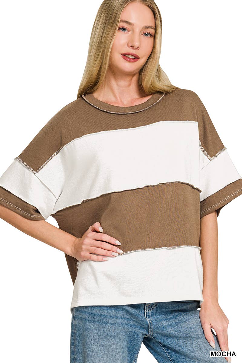 French Terry Color Block Exposed Seam Top - Zenana