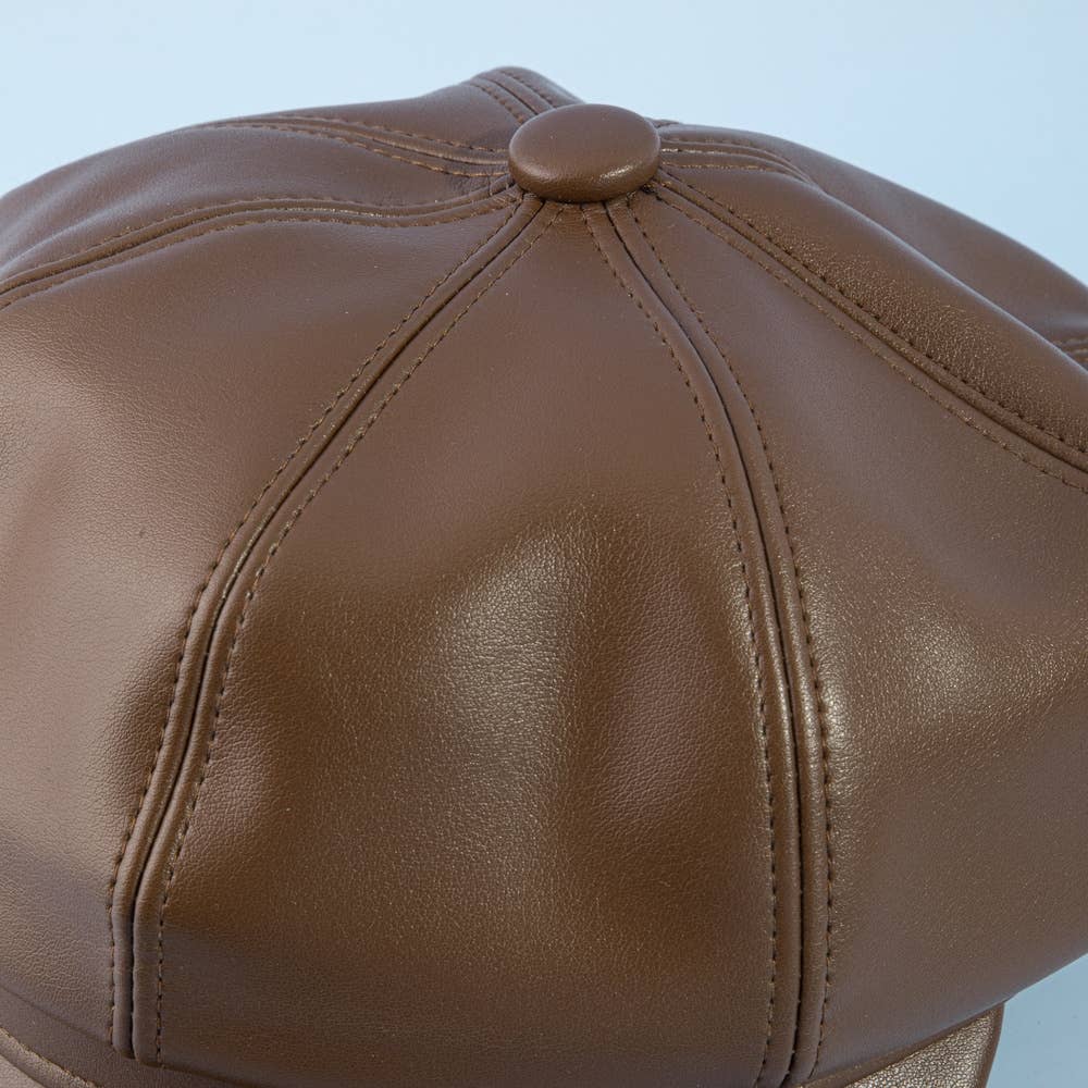 Paneled Vegan Leather Newsboy Cabbie Hat