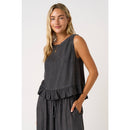 BACK BUTTON DETAIL CHAMBRAY RUFFLE PEPLUM TANK TOP