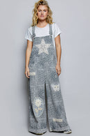 Floral Crochet Pearl Patch Roomy Fit Twill Overalls