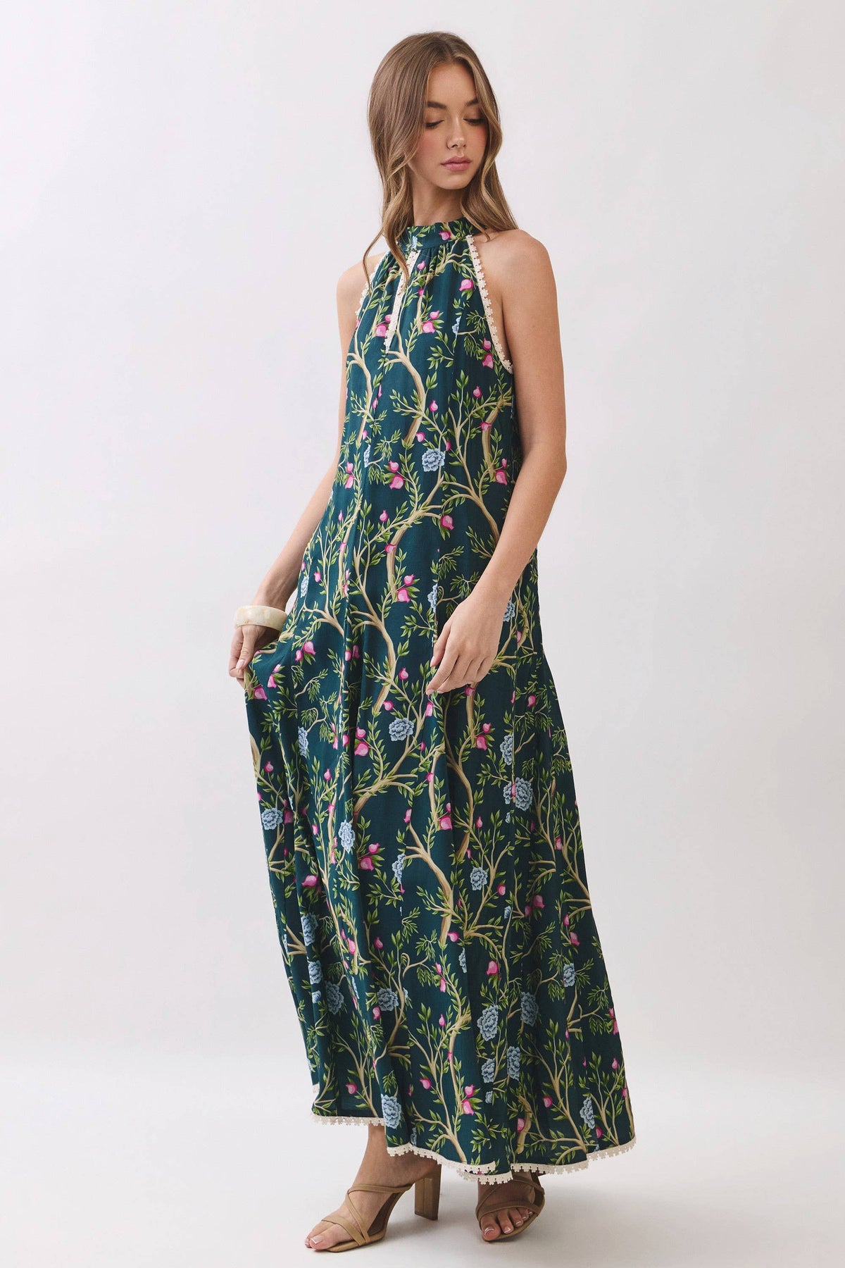 CD07357-Floral Vine Print Halter Neck Maxi Dress