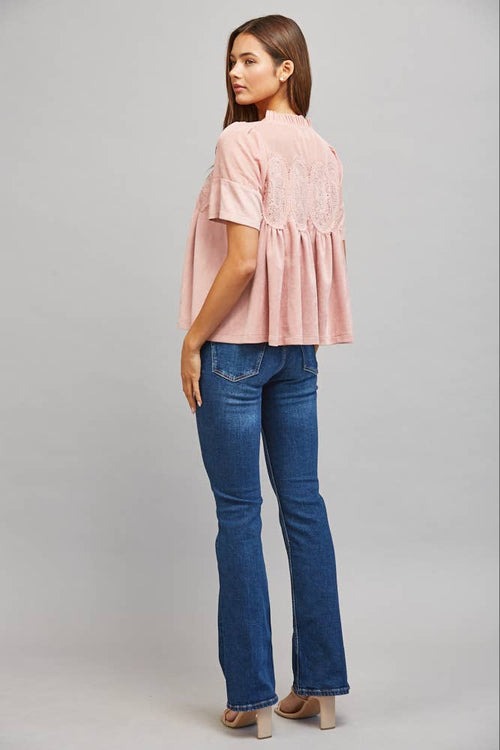 SHEER MESH UPPER PANEL WITH LACE APPLIQUE FAUX SUEDE TOP