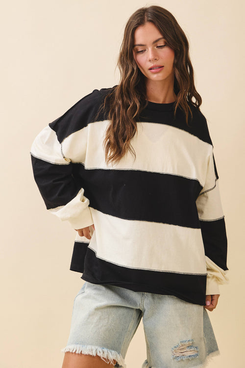 8551GN Oversized Color Block Long Sleeve Pullover