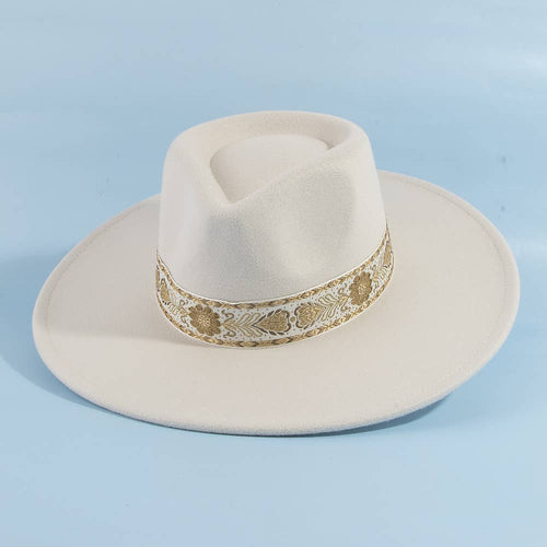 Wide Brim Felt Fedora With Gold Brocade Band