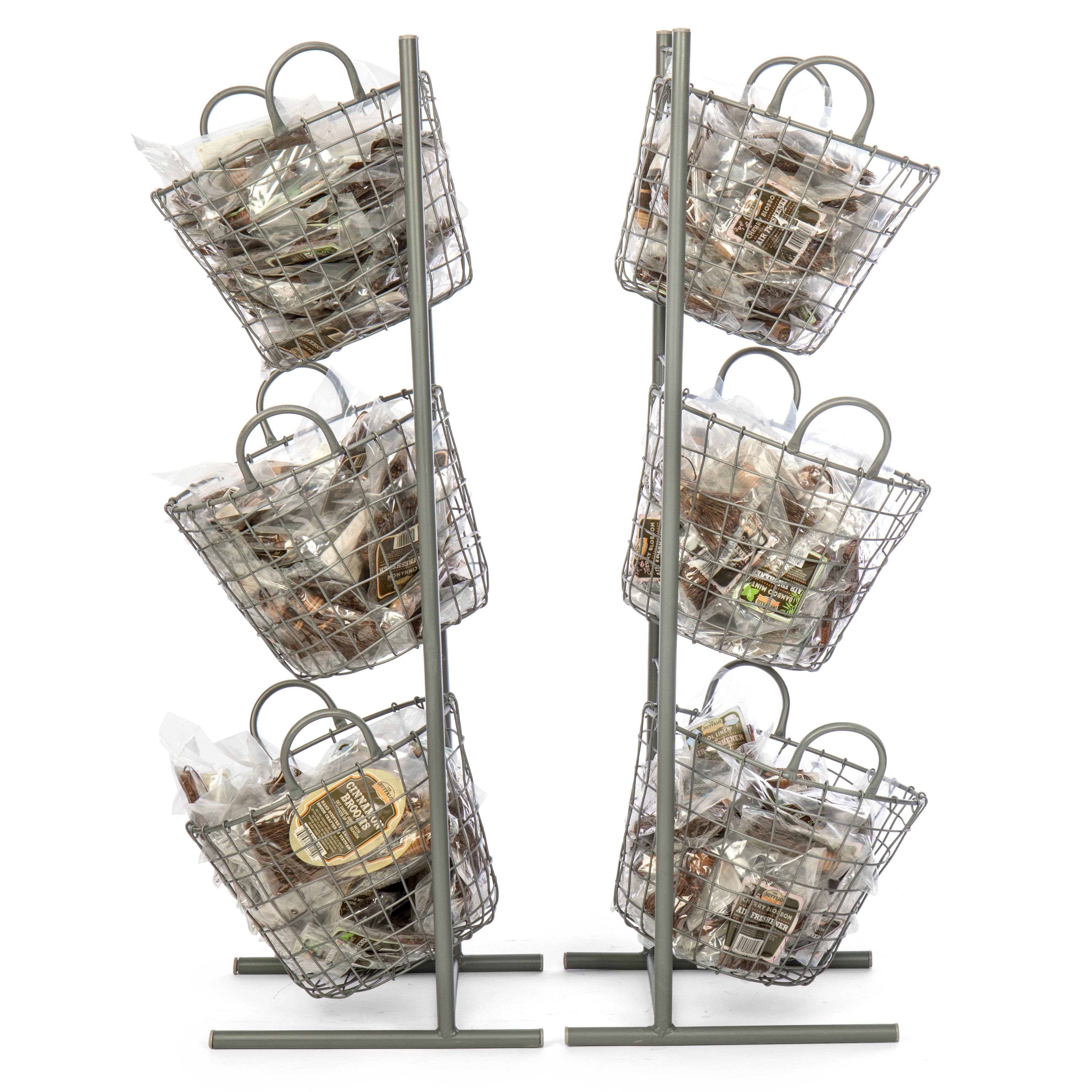Gray Metal 3-Tier Wire Basket Display Stand