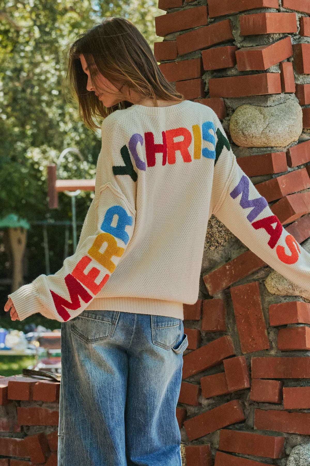 Rainbow Graphic Lettering Oversized Knit Sweater