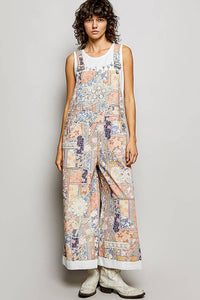 Floral Crochet Pearl Patch Roomy Fit Twill Overalls