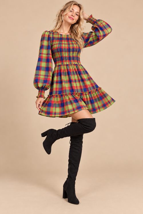 Colorful Plaid Smocked Mini Dress